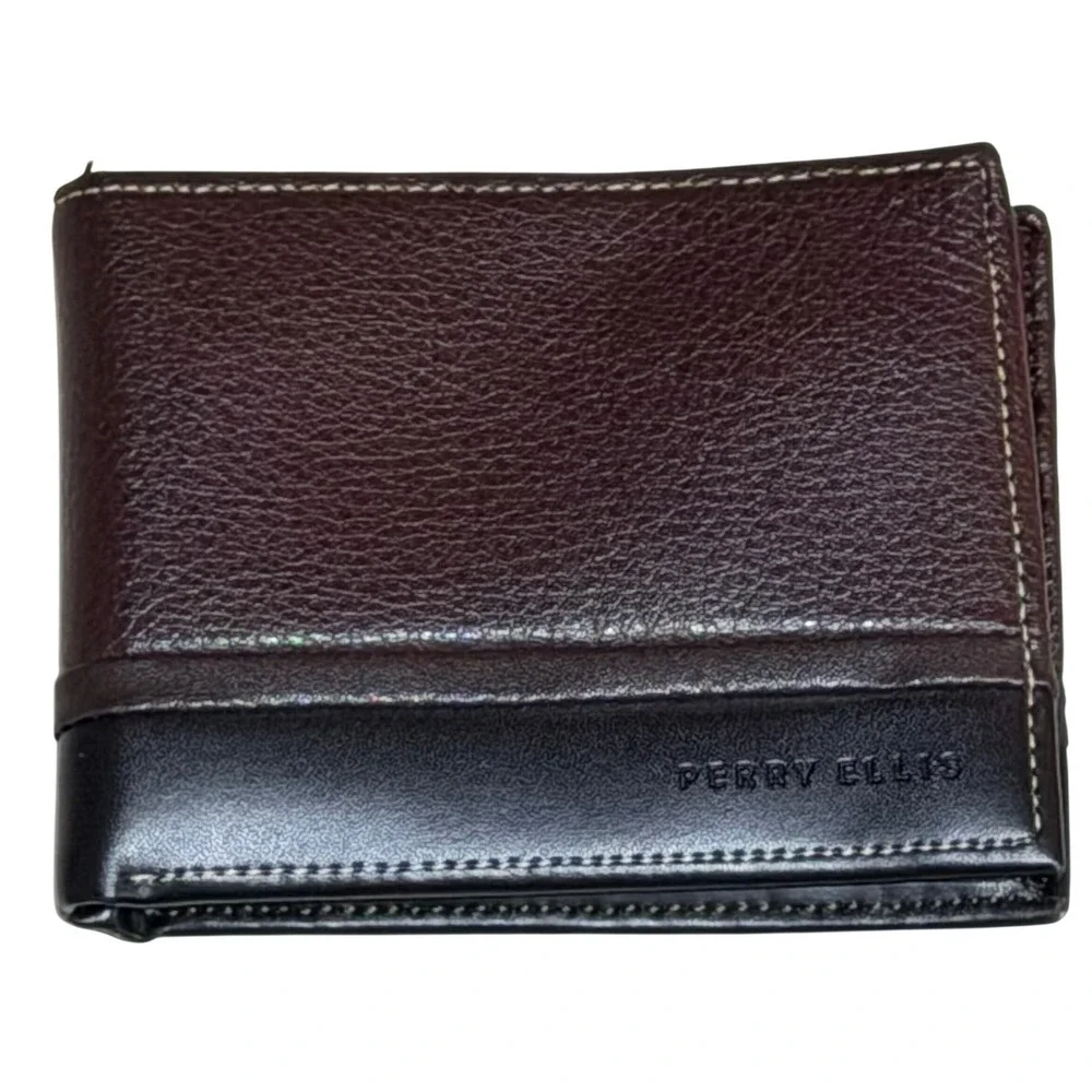 Perry Ellis Wallet Mens Brown Black Genuine Leather Bifold Card Slots Minimalist